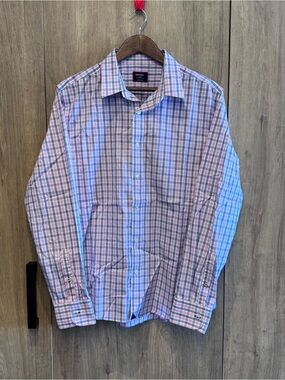 UNTUCKit Slim Fit Tailored Cotton Pink Blue Plaid Long-Sleeve Dress Shirt L